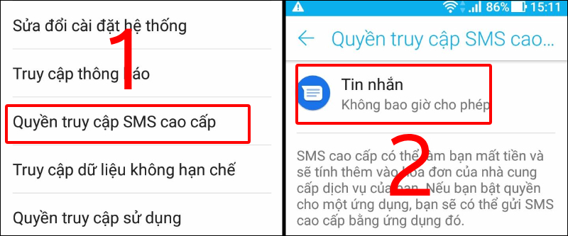 Chọn quyền truy cập SMS cao cấp để chọn mục tin nhắn